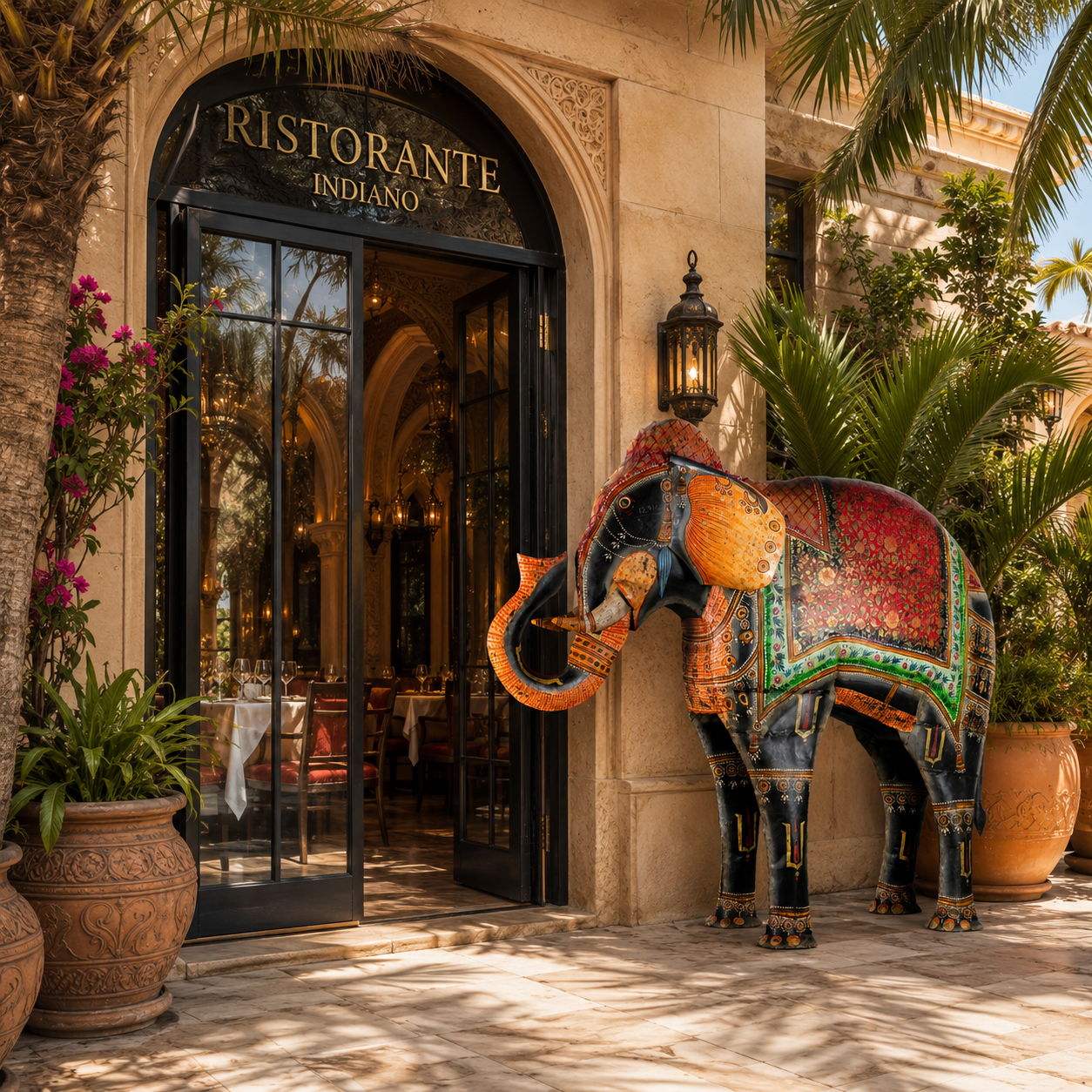 Lifestyle image of a large hand-painted decorative elephant sculpture made of sheet metal in vibrant Rajasthani style, featuring intricate floral and geometric patterns in red, green, and gold. Ideal for enhancing entrance areas, restaurant lobbies, hotel receptions, or luxury interior spaces.