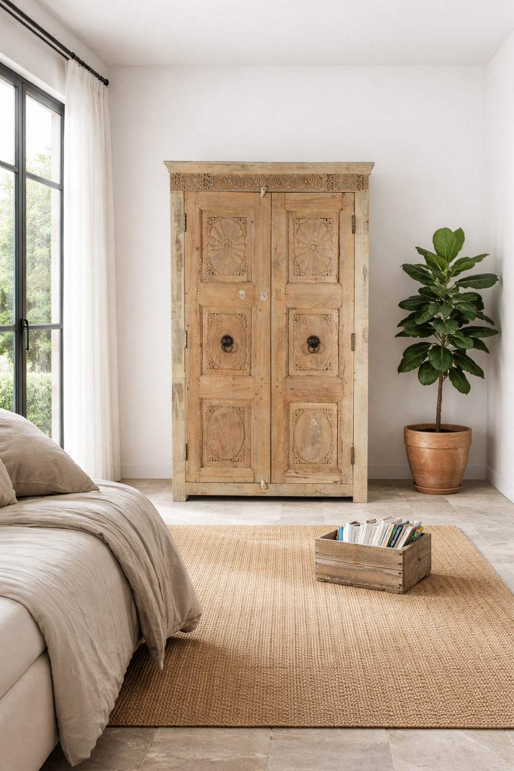 Lifestyle imagination of a reclaimed teak wood cabinet Anwika featuring a tall Mediterranean-style frame with hand-carved antique Indian doors. A unique piece of Indian furniture offering character-rich storage and timeless design.