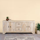 Sandblasted wood sideboard with drawers and cabinets, living room furniture in relaxed Ibiza style.