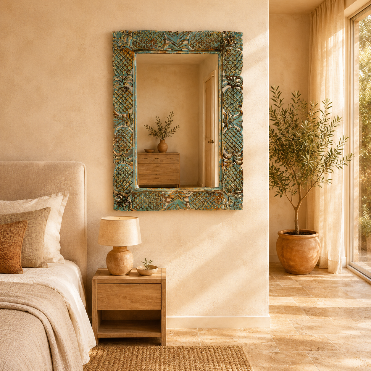 Lifestyle image of a carved mango wood mirror Apasmara blue in distressed turquoise finish with floral motifs. A handcrafted piece of Indian furniture ideal for vintage home decor and colorful boho interiors.