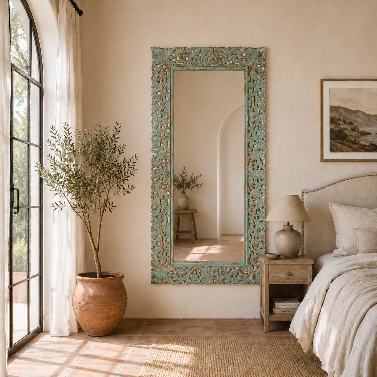 Lifestyle image of a carved mango wood mirror Apsara blue in distressed turquoise finish with intricate hand‑carved floral details. A unique piece of Indian furniture online ideal for vintage home decor and boho interiors.
