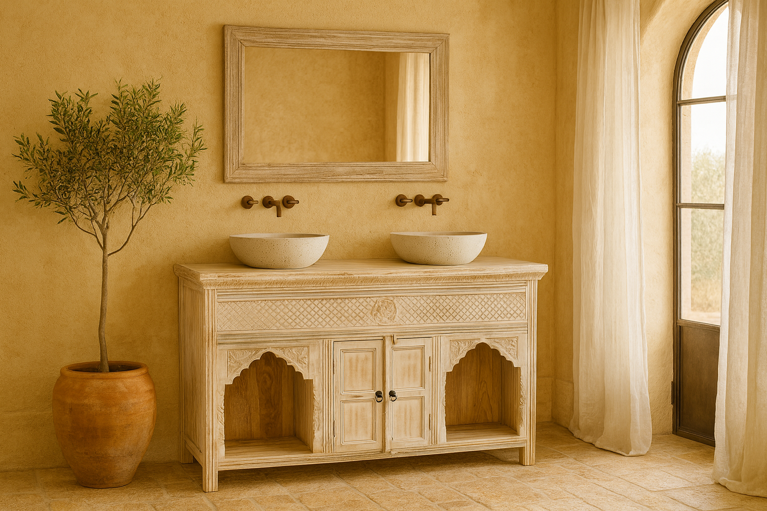 Lifestyle inspiration of a mango wood console table with Oriental hand-carved front; Mediterranean style carved console table with two storage compartments, 150 × 90 × 40 cm.
