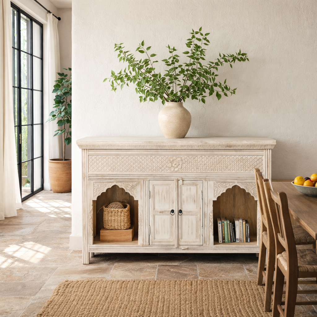 Lifestyle inspiration of a mango wood console table with Oriental hand-carved front; Mediterranean style carved console table with two storage compartments, 150 × 90 × 40 cm.