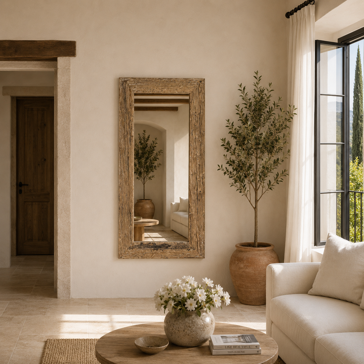 Lifestyle image of a reclaimed wood mirror Aranyani with sanded beach wood texture and minimalist design. A Japandi style mirror handcrafted in Rajasthan, offering rustic charm and sustainable elegance.