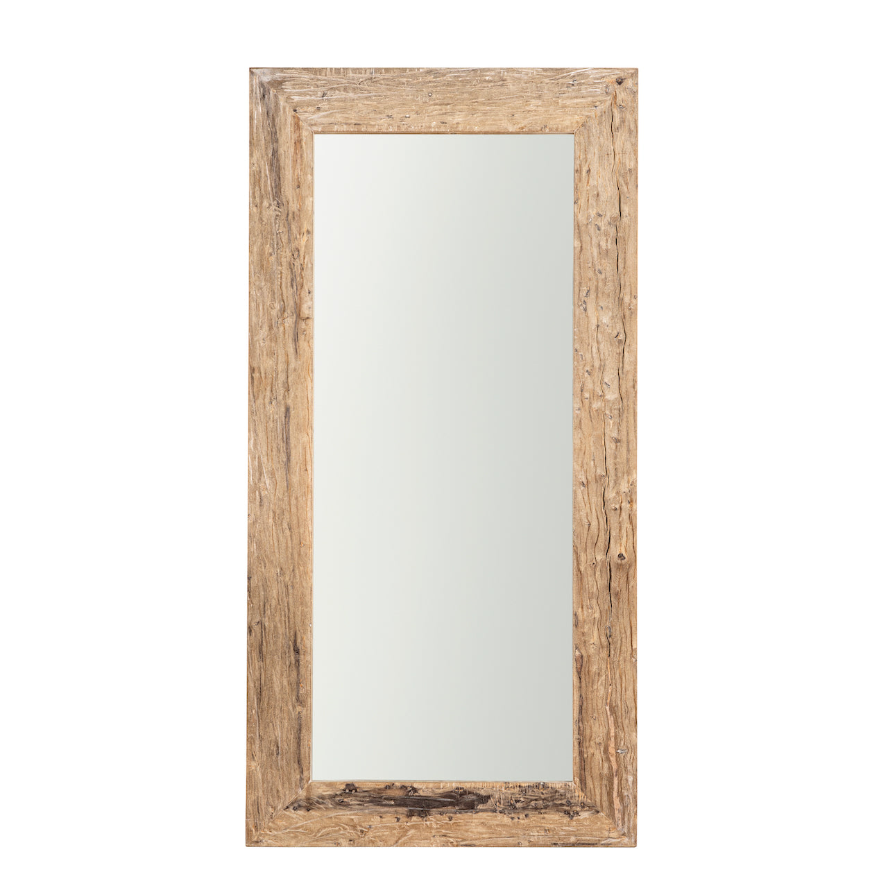 White background image of a reclaimed wood mirror Aranyani with sanded beach wood texture and minimalist design. A Japandi style mirror handcrafted in Rajasthan, offering rustic charm and sustainable elegance.