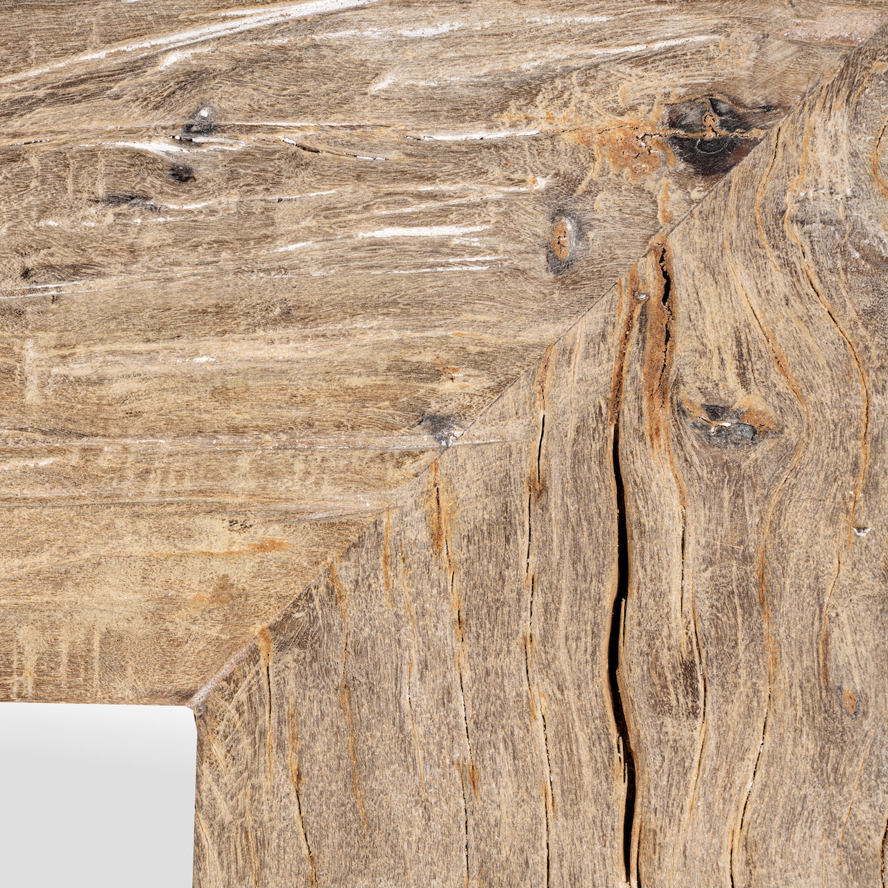 Close up image of a reclaimed wood mirror Aranyani with sanded beach wood texture and minimalist design. A Japandi style mirror handcrafted in Rajasthan, offering rustic charm and sustainable elegance.