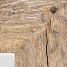 Close up image of a reclaimed wood mirror Aranyani with sanded beach wood texture and minimalist design. A Japandi style mirror handcrafted in Rajasthan, offering rustic charm and sustainable elegance.