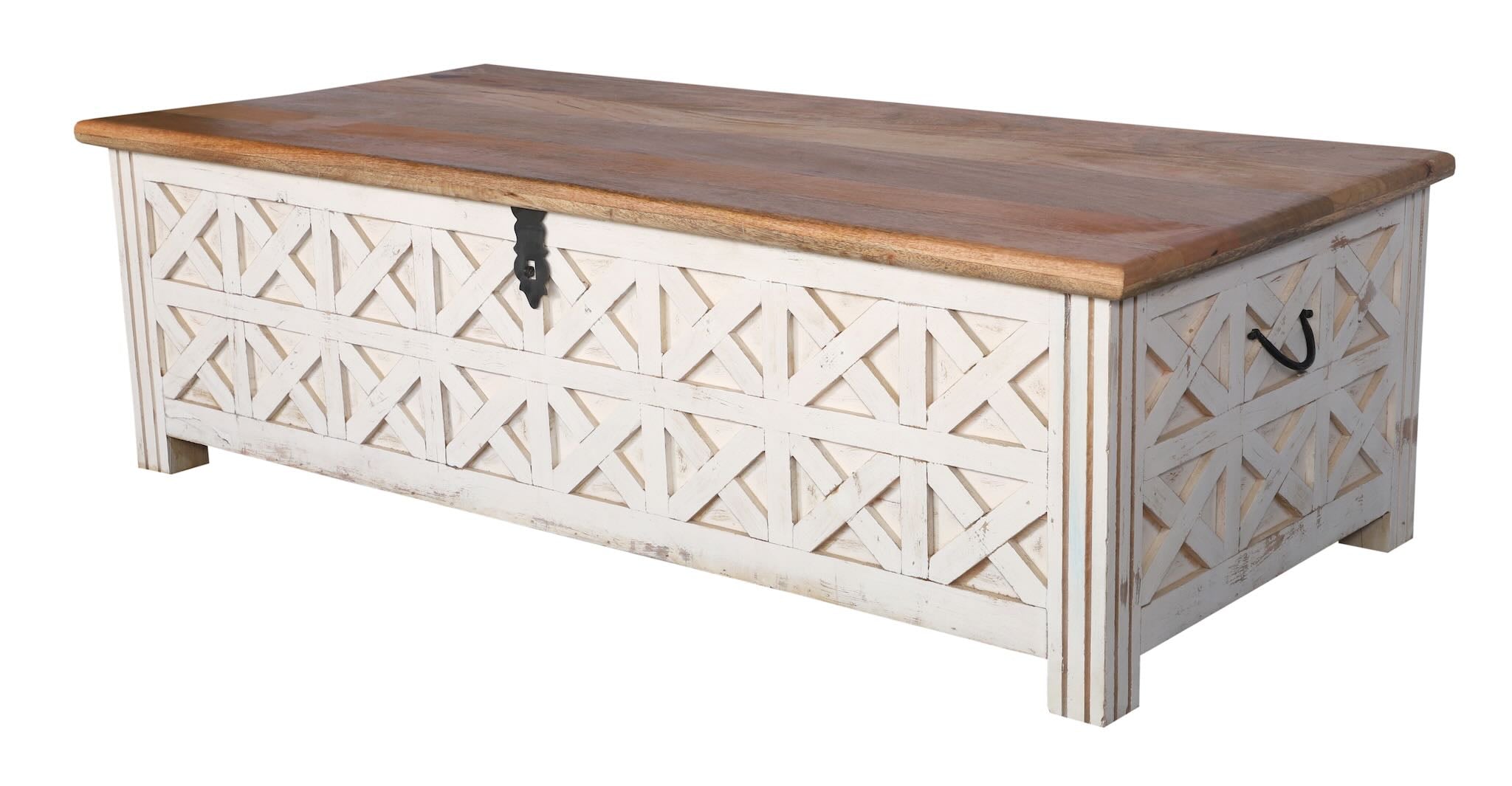 White background image of a hand-carved mango wood vintage chest front view – styled in Mediterranean living room with books, candles, natural textures, and soft daylight.