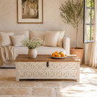 Lifestyle image of a hand-carved mango wood vintage chest front view – styled in Mediterranean living room with books, candles, natural textures, and soft daylight.