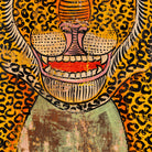 Close up image of a Ardra hand-painted wooden wall decoration featuring a vibrant Indian tiger motif on recycled teak—an eye-catching Indian door decoration full of artistic detail and heritage.