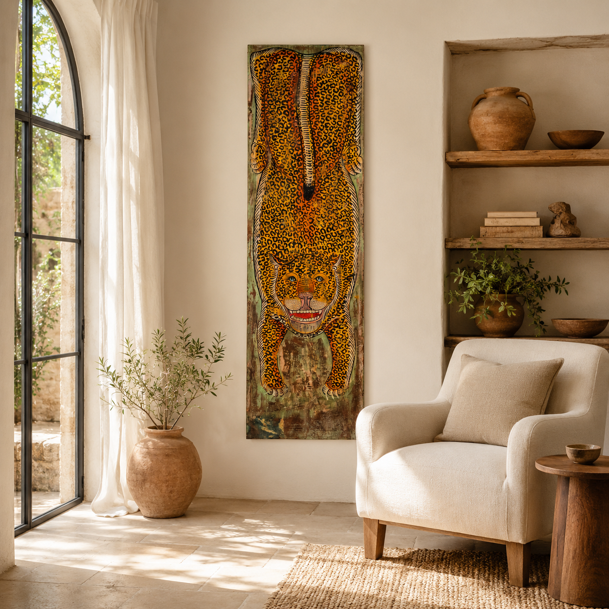 Lifestyle image of a Ardra hand-painted wooden wall decoration featuring a vibrant Indian tiger motif on recycled teak—an eye-catching Indian door decoration full of artistic detail and heritage.