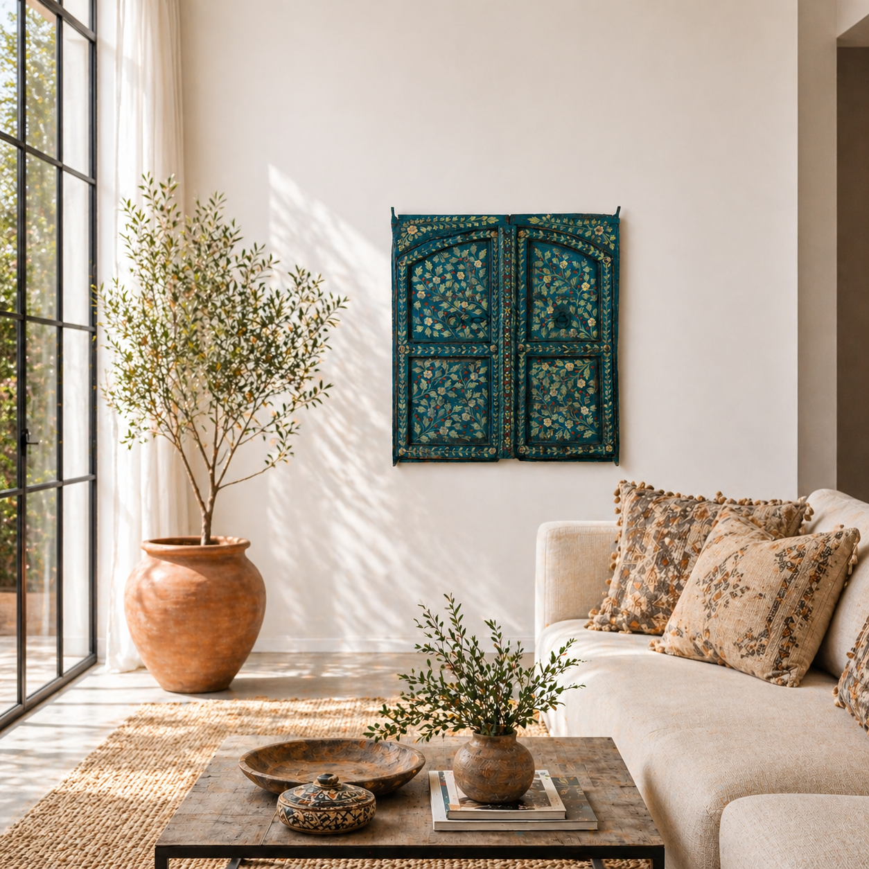 Lifestyle scene with a vintage wall panel crafted from an old teak wood window frame, hand-painted with detailed floral designs in cream, red, and green on a rich teal background, featuring arched upper panels and decorative metal ring pulls.
