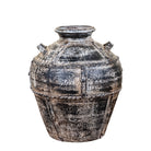 White background image of a hand-painted clay vase with vintage distressed charcoal finish, sculptural side handles and decorative rivet details, 30x38cm.