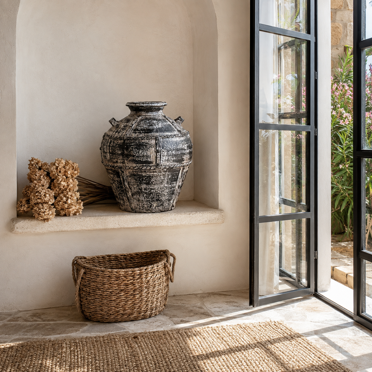 Lifestyle image of a hand-painted clay vase with vintage distressed charcoal finish, sculptural side handles and decorative rivet details, 30x38cm.