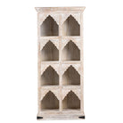 White background image of a hand-carved mango wood shelving unit with Moroccan arches and whitewashed finish; perfect as an entryway shelf or display piece, 180 × 90 × 40 cm.