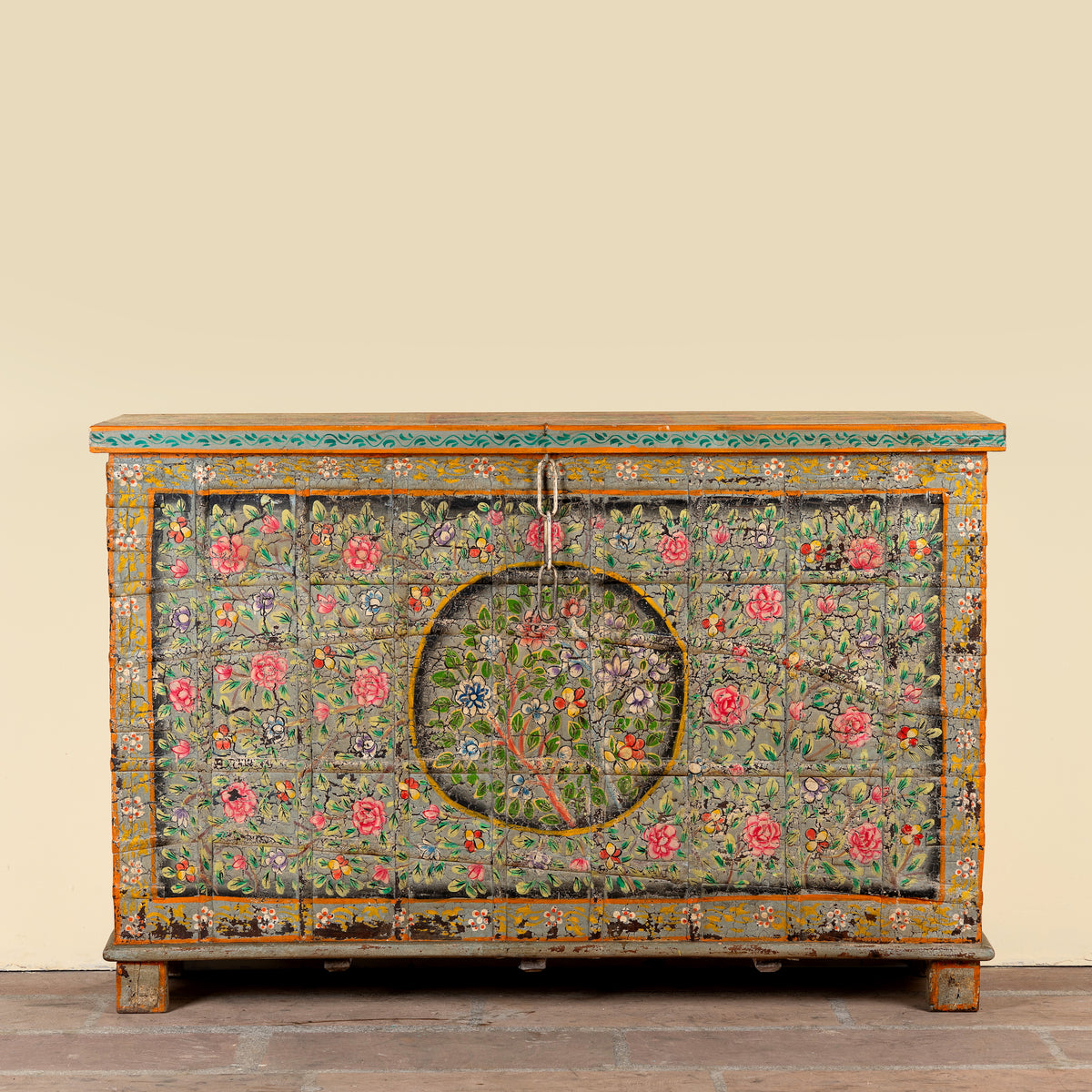 Armaan hand painted reclaimed teak wood storage chest with colourful floral motifs and traditional iron fittings, 151cm wide