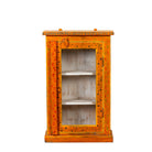 White background image of a Arnavraj orange hand painted reclaimed wood vintage cabinet with floral motifs glass door and white interior 60cm