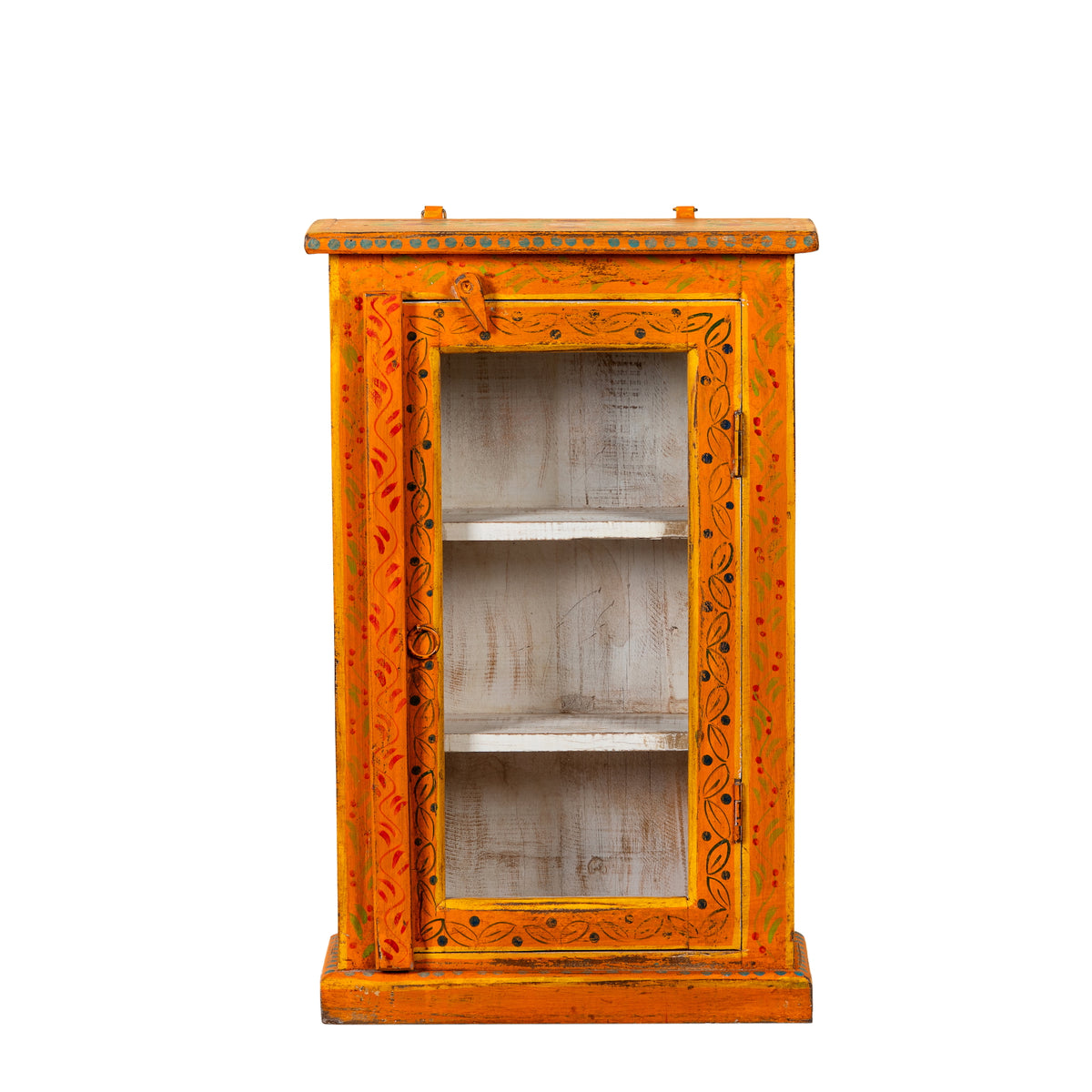 White background image of a Arnavraj orange hand painted reclaimed wood vintage cabinet with floral motifs glass door and white interior 60cm