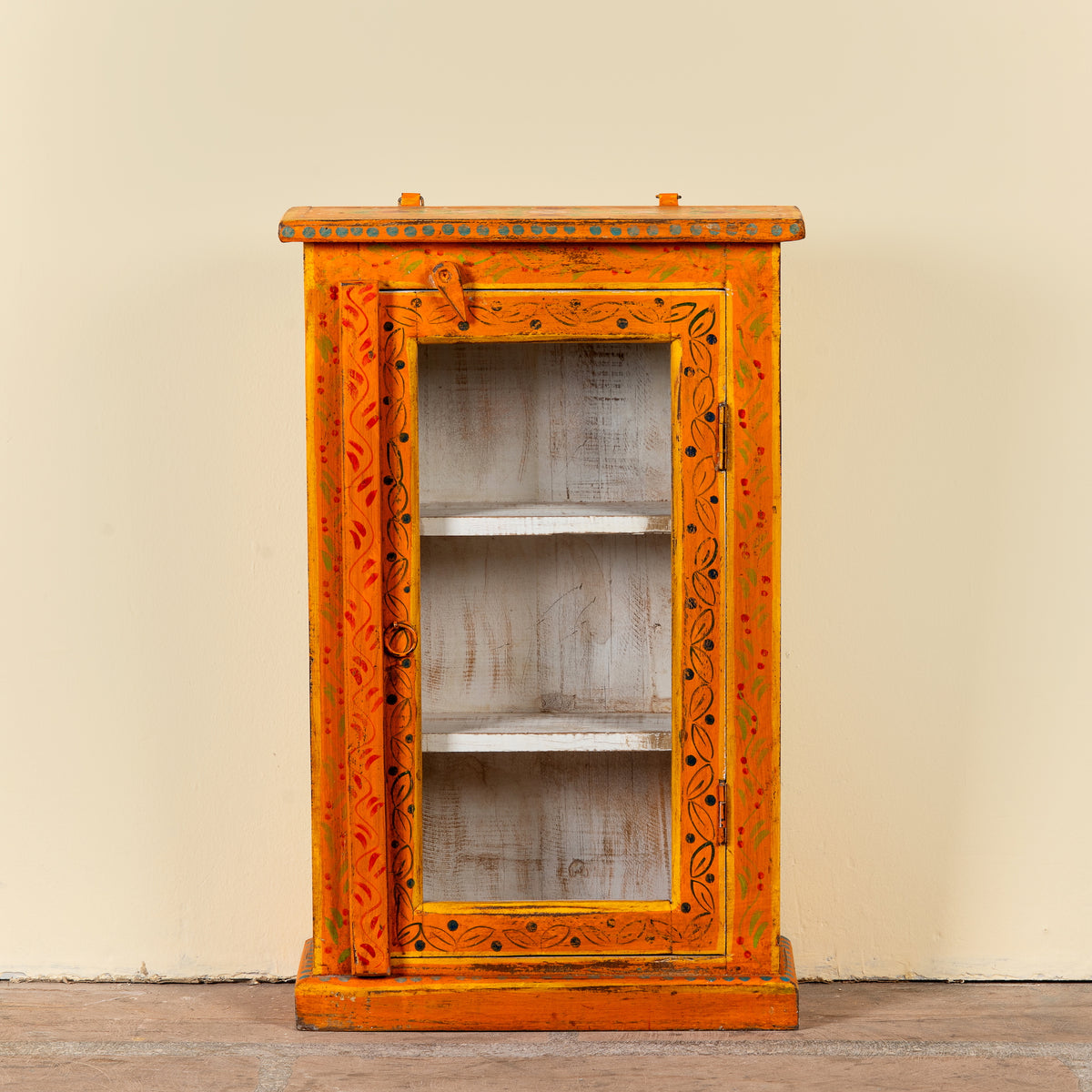 Arnavraj orange hand painted reclaimed wood vintage cabinet with floral motifs glass door and white interior 60cm