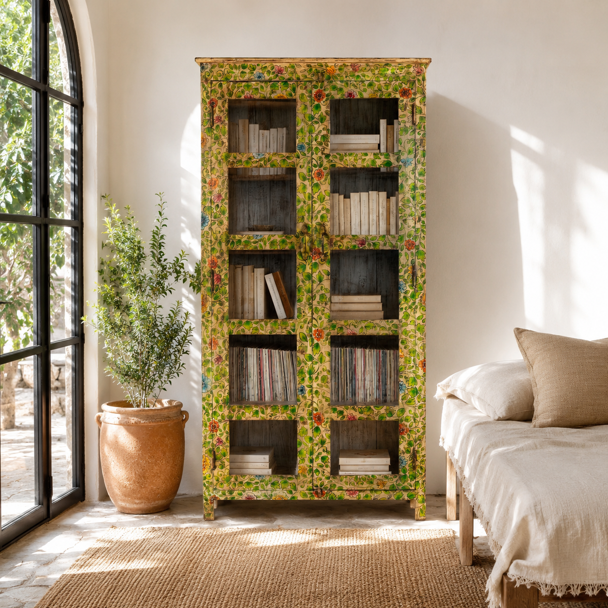 Lifestyle image of a hand-painted reclaimed wood showcase cabinet with floral motifs and glass doors, sustainable furniture and vintage home decor style, 96 × 40 × 182 cm.
