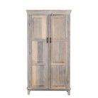 White background image of a reclaimed wood wardrobe with panelled double doors and rustic finish; bathroom furniture with ample storage, 100 × 45 × 190 cm.