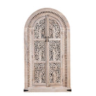 White background picture of an arched wooden wardrobe with Tree of Life carving, mango wood, sandblasted finish; unique storage cabinet 100 × 42 × 190 cm.