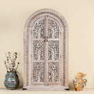 Arched wooden wardrobe with Tree of Life carving, mango wood, sandblasted finish; unique storage cabinet 100 × 42 × 190 cm.