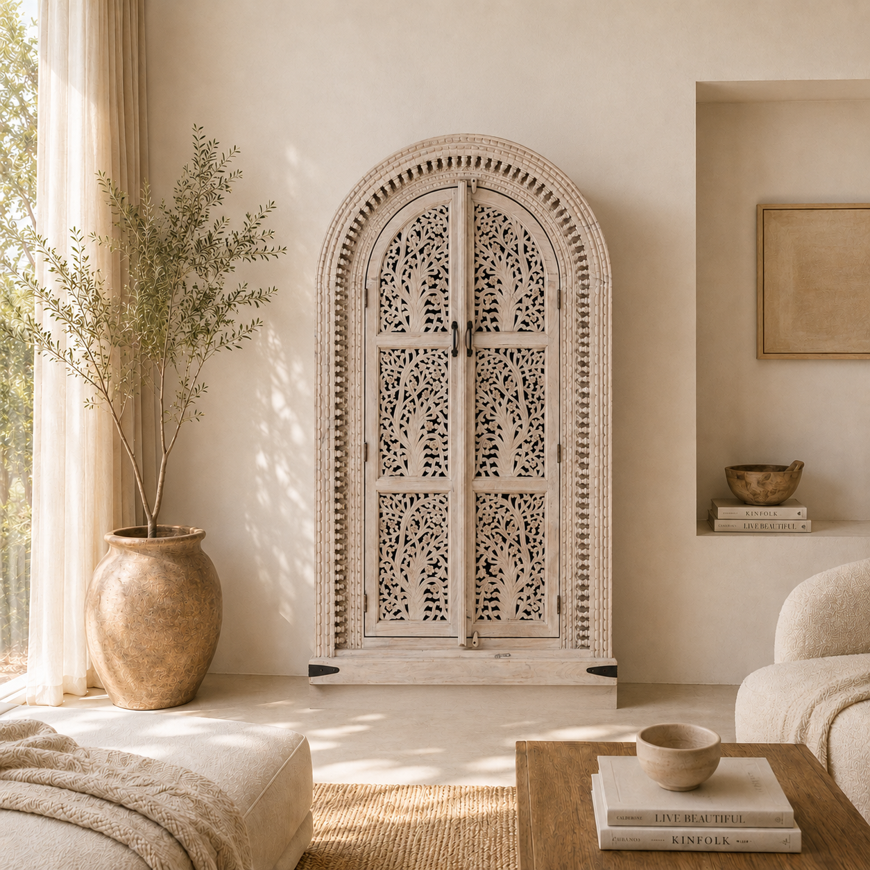 Lifestyle imagination of a arched wooden wardrobe with Tree of Life carving, mango wood, sandblasted finish; unique storage cabinet 100 × 42 × 190 cm.