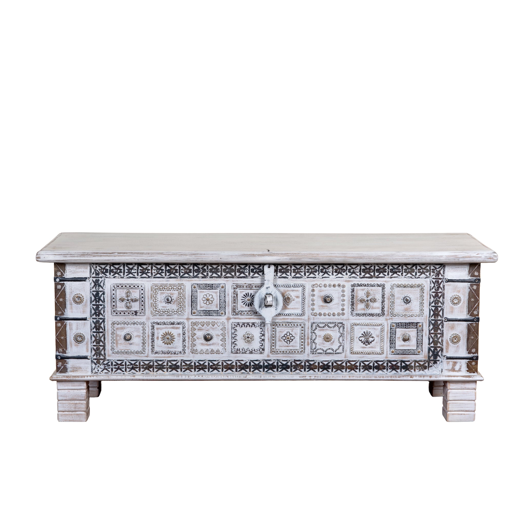 White background image of a Aryav whitewashed mango wood coffee table chest with decorative iron fittings 116cm
