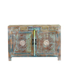 Wite background image of a Aryen hand carved reclaimed wood sideboard with vintage house elements and distressed blue turquoise finish 120cm