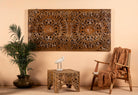 Hand-carved mango wood wall panel in natural finish with floral designs – Asamanja model by Om Home & Garden