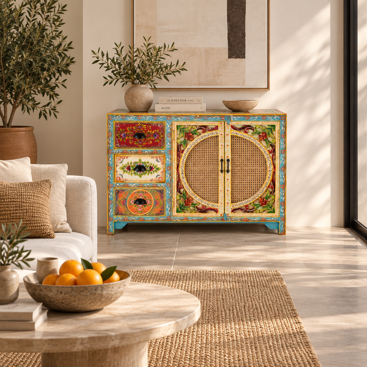 A vibrant, hand-painted wooden sideboard cabinet in a styled living room. The cabinet features colorful floral patterns, woven cane panels on the doors, and turquoise painted legs, set against a neutral beige background with a coffee table and plants.