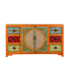White background image of a vintage style furniture sideboard with hand-painted floral motifs and rattan door inserts, bohemian rattan door furniture, 160 × 40 × 90 cm.