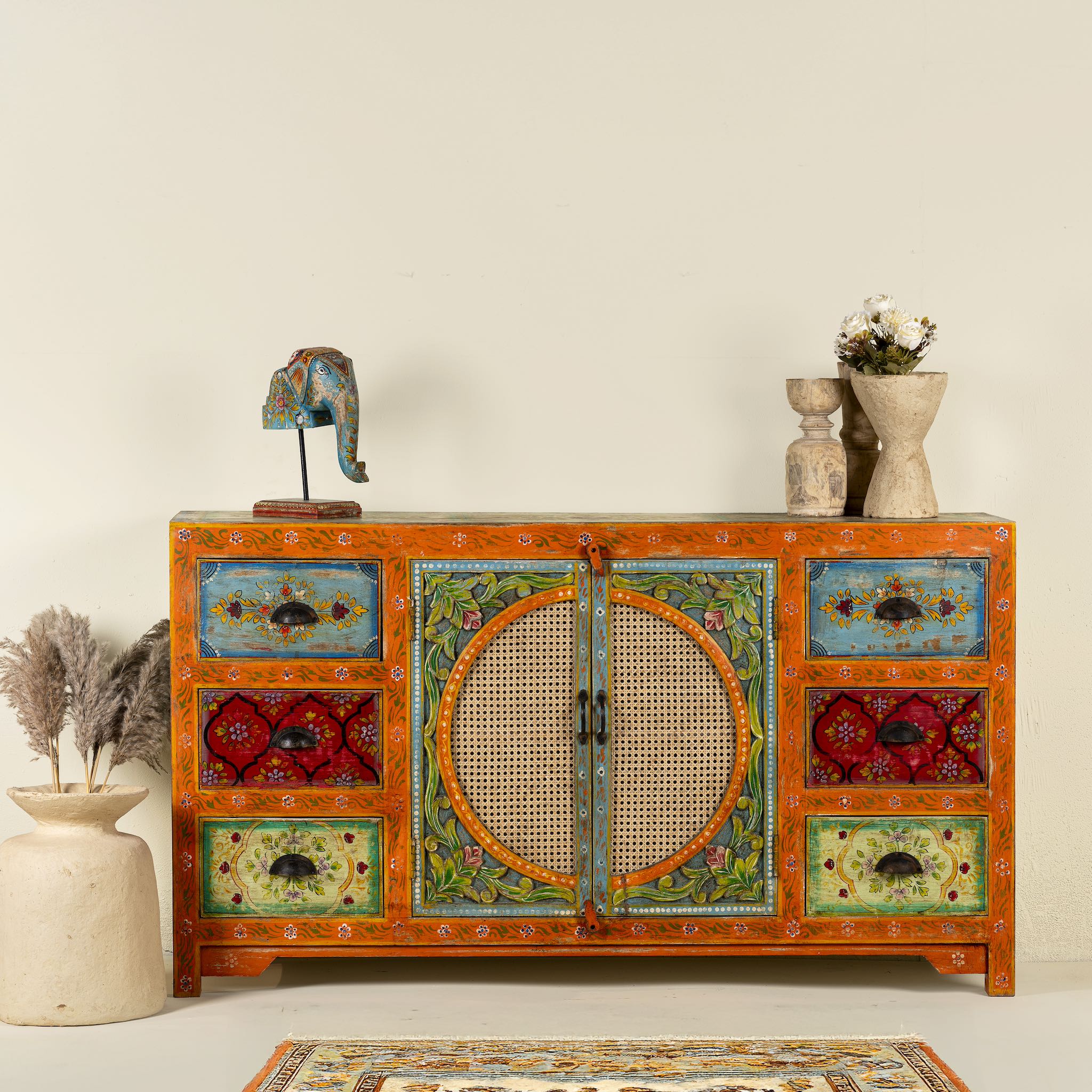 Vintage style furniture sideboard with hand-painted floral motifs and rattan door inserts, bohemian rattan door furniture, 160 × 40 × 90 cm.