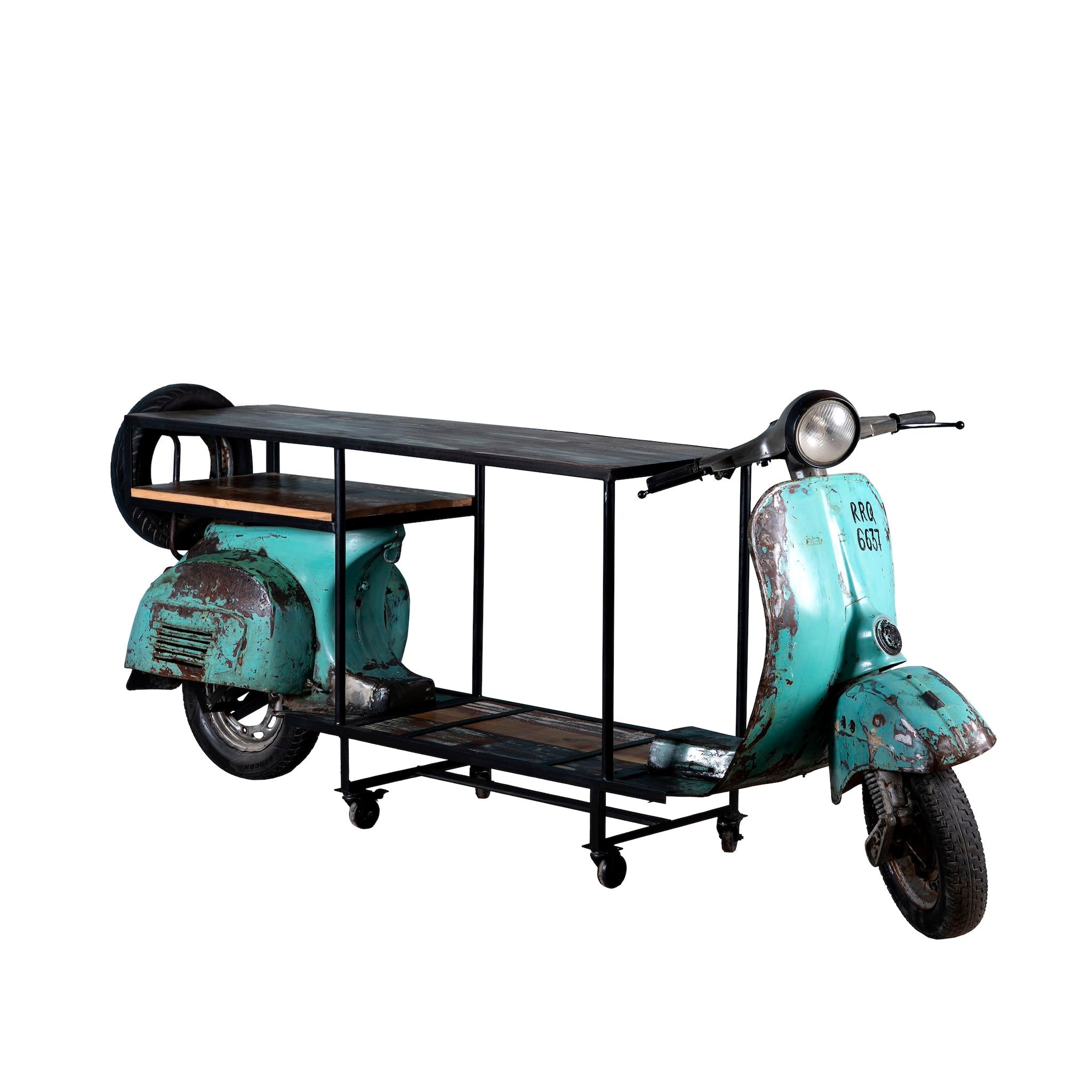 White background image of a house bar crafted from a full vintage Indian Bajaj scooter with industrial metal frame and wooden shelves, featuring original patina and retro design elements.

