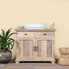Reclaimed wood sandblasted cupboard with 2 drawers and 2 doors; sustainable bathroom furniture, 100 × 50 × 80 cm.
