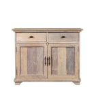 White background image of a reclaimed wood sandblasted cupboard with 2 drawers and 2 doors; sustainable bathroom furniture, 100 × 50 × 80 cm.