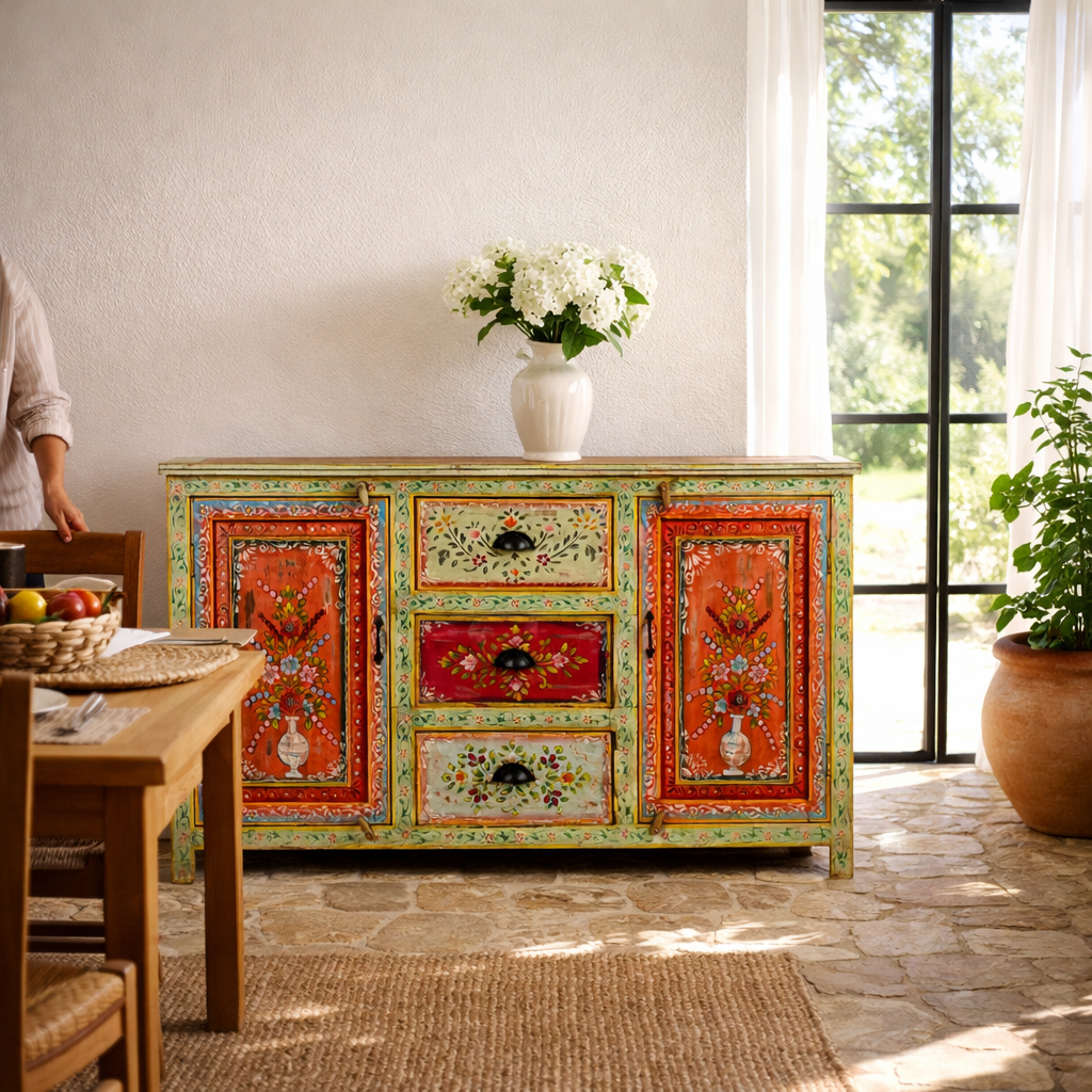 Lifestyle imagination of a sustainable hand painted sideboard made from reclaimed teak wood with floral motifs; bold bohemian furniture, 150 × 45 × 90 cm.