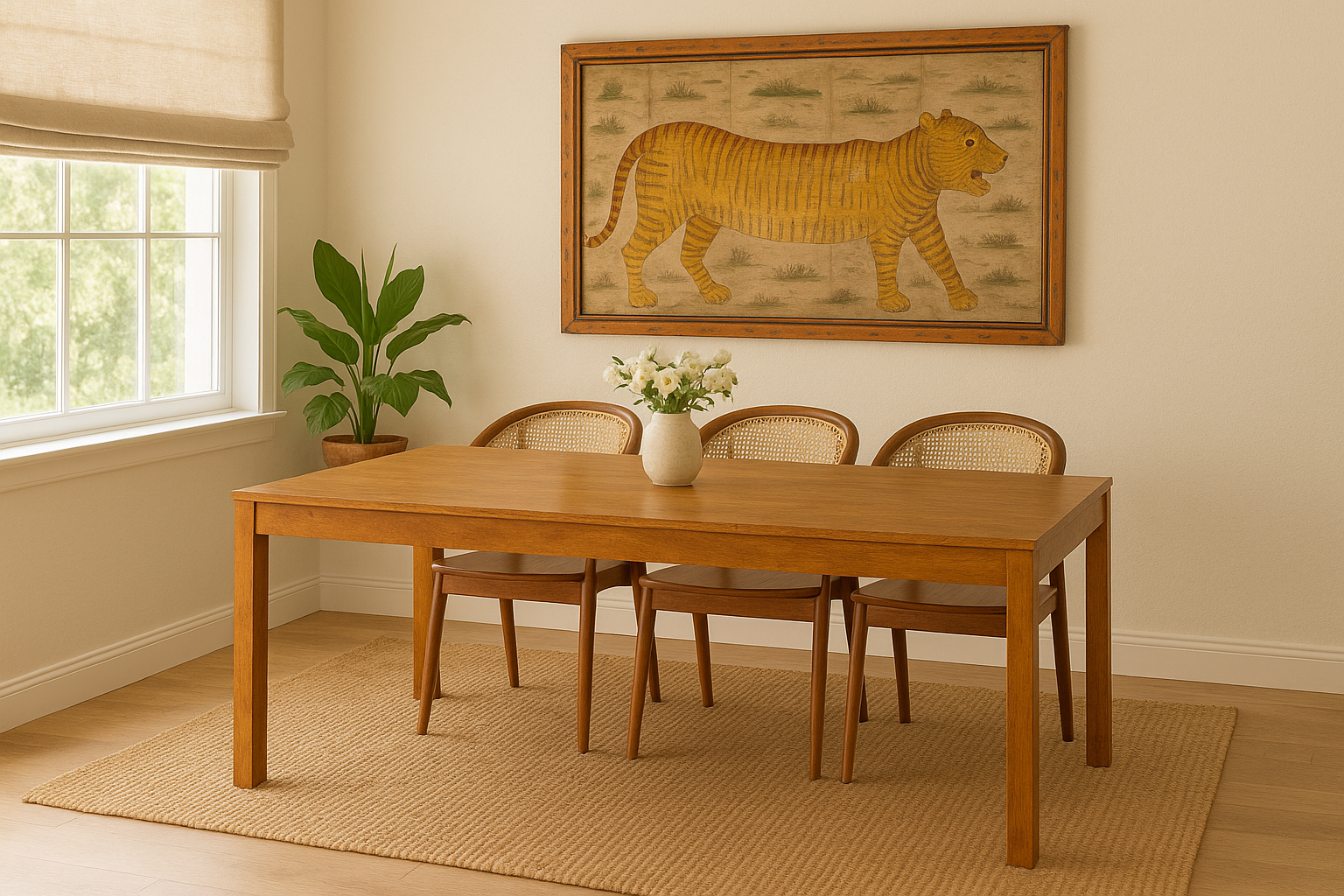 Lifestyle Imagination of a rectangular solid wood dining table crafted from reclaimed teak; minimalist style reclaimed wood dining table, 180 × 100 × 77 cm.