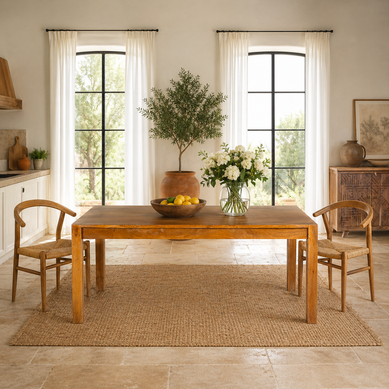 Lifestyle Image of a rectangular solid wood dining table crafted from reclaimed teak; minimalist style reclaimed wood dining table, 180 × 100 × 77 cm.