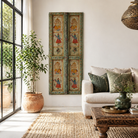 Lifestyle image of a Aum hand-painted teak door panel featuring Goddess Lakshmi and traditional dancers, framed by leafy green carvings—a spiritual and unique Indian wall decoration repurposed from antique teak architecture.