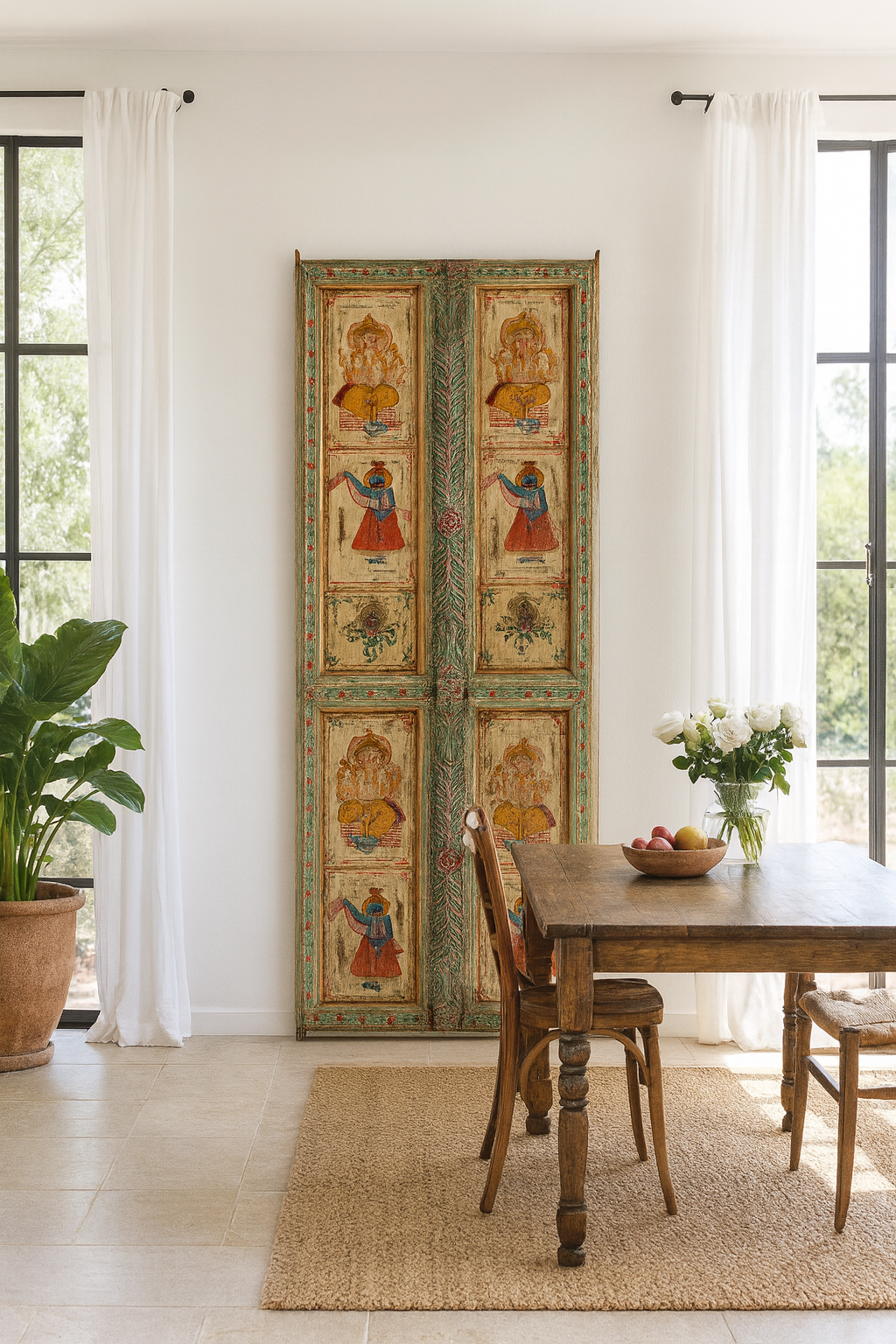 Lifestyle image of a Aum hand-painted teak door panel featuring Goddess Lakshmi and traditional dancers, framed by leafy green carvings—a spiritual and unique Indian wall decoration repurposed from antique teak architecture.
