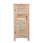 White background image of a reclaimed teak wood cabinet with slatted door and sandblasted finish, Ibiza-style, 122 × 56 × 40 cm.