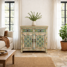 Lifestyle imagination of a and painted cabinet made from reclaimed wood with colourful traditional Indian motifs, 90 × 90 × 40 cm.