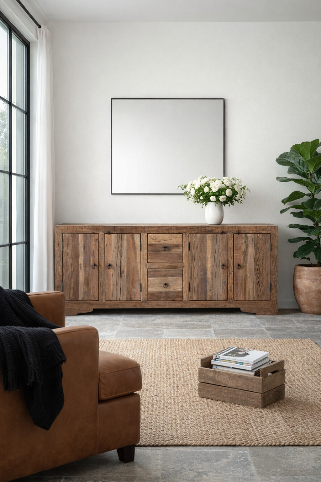 Lifestyle imagination of a reclaimed wood sideboard Avana in a rustic minimalistic style with multiple cabinets and drawers, showcasing natural wood grain and simple iron handles.