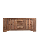 White background image of a reclaimed wood sideboard Avana in a rustic minimalistic style with multiple cabinets and drawers, showcasing natural wood grain and simple iron handles.