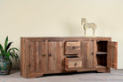 Wooden sideboard Avana with open doors and a decorative horse figure on a neutral background
