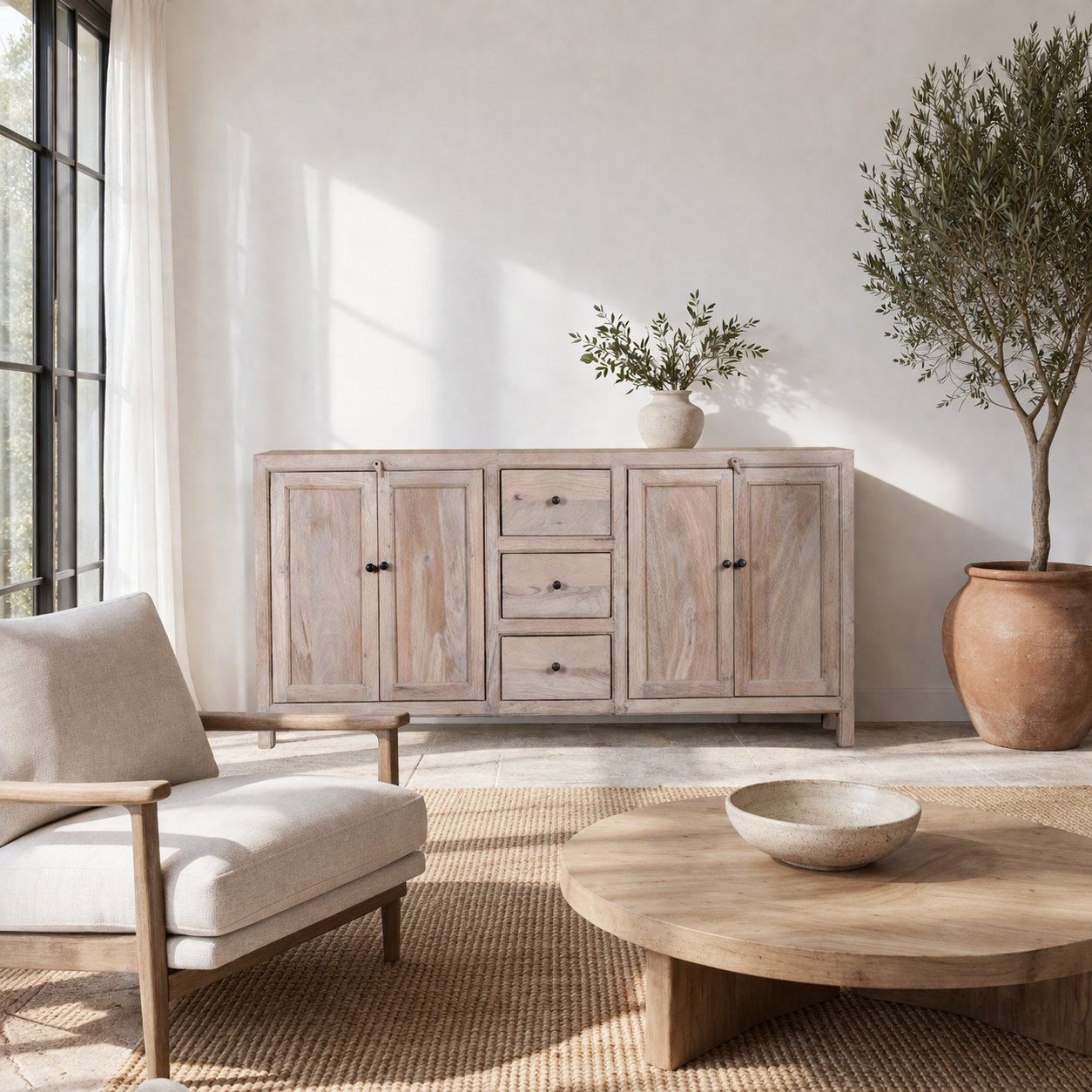 Lifestyle image of a sandblasted wood sideboard with drawers and cabinets, living room furniture in relaxed Ibiza style.