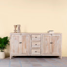 Sandblasted wood sideboard with drawers and cabinets, living room furniture in relaxed Ibiza style.