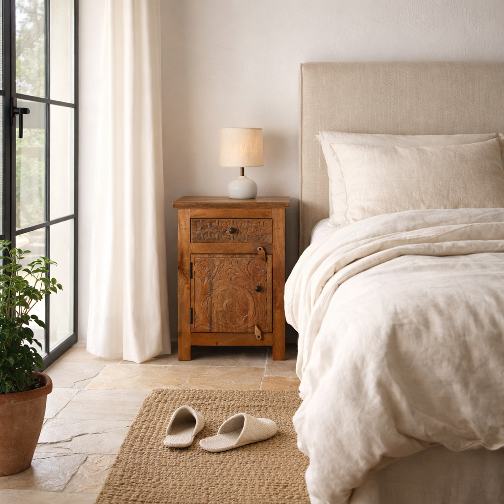 Lifestyle image of a handcrafted bedside table Avi made from solid mango wood, featuring floral hand-carved motifs inspired by Ibiza style. Each table includes a drawer and a cabinet, with a natural wood finish that highlights artisanal detail and organic warmth.